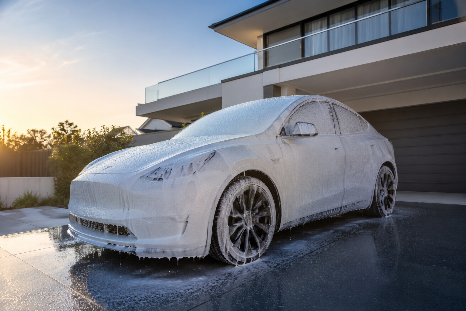Tesla covered in thick Clario Care snow foam on an Australian driveway at sunset