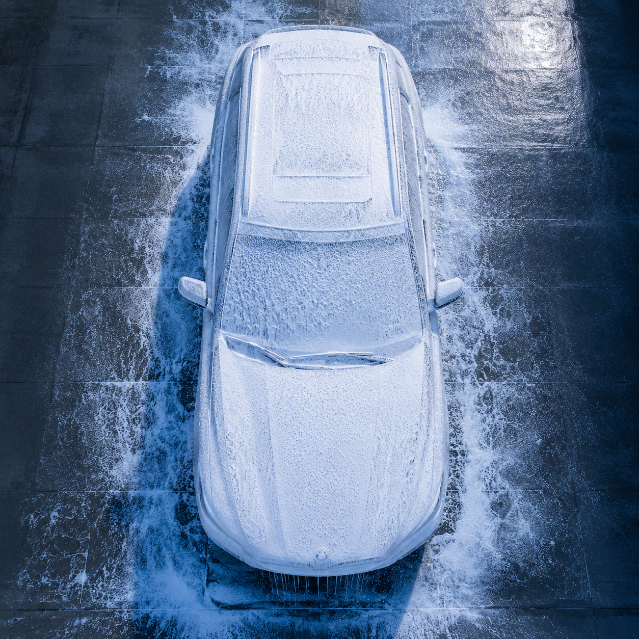 Aerial view of car blanketed in snow foam